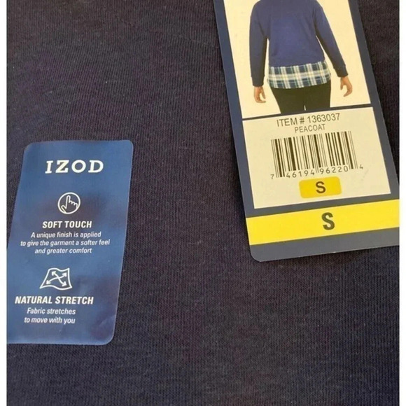 IZOD Size S Peacoat Tie Front 2-Fer Sweatshirt Navy Blue Plaid Trimmed Layered - Picture 2 of 6
